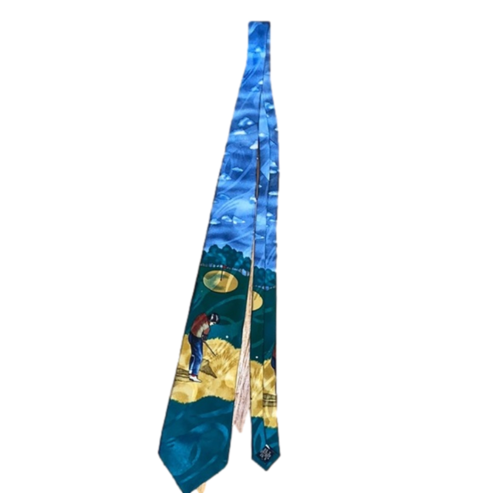 Chelsea golfer tie. Polyester, but very silky.  57.5”  -bm